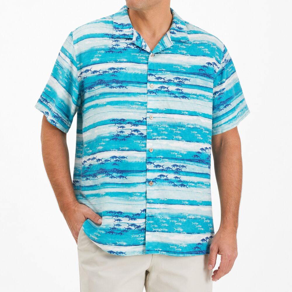 Cubavera Shirt Mens XL Aqua White Fish Print Camp Button-Up